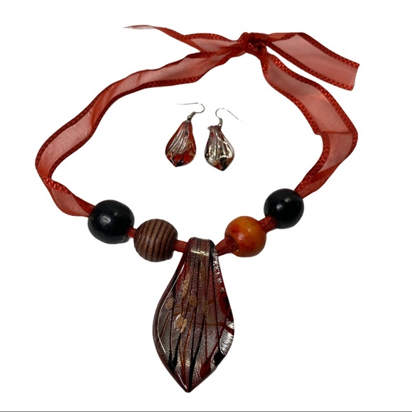 None Jewelry - Hand Blown Glass Necklace and Earing Set Bundle